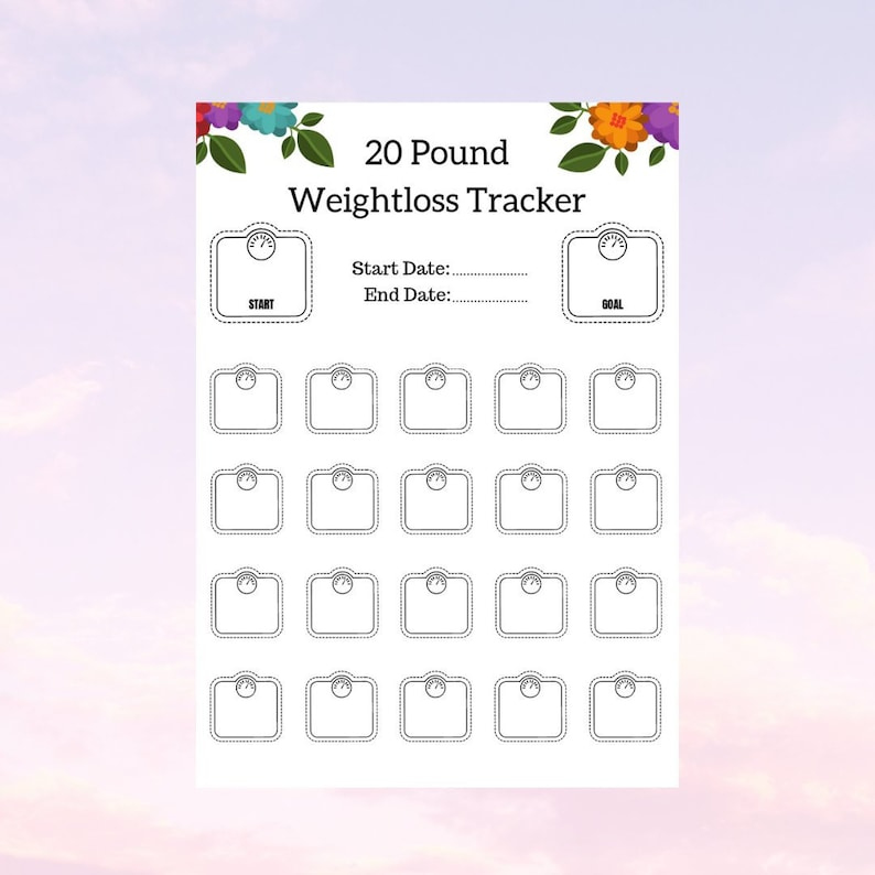 Weight Loss Tracker 20lbs A4 85x11 Weight Loss Chart Etsy UK