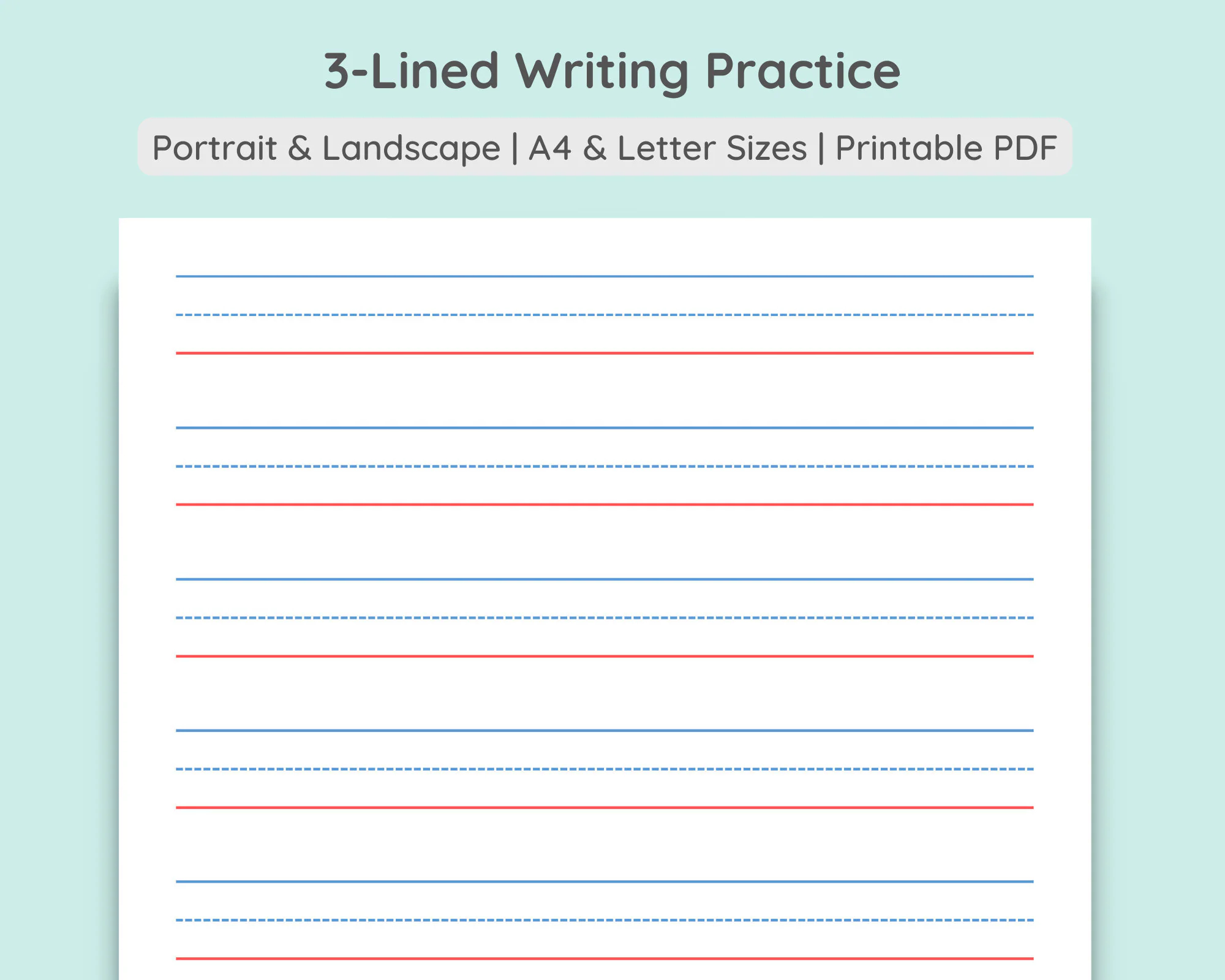 3 lined Writing Practice Paper Handwriting Penmanship Calligraphy Sheet Colored Grey Portrait Landscape A4 Letter PDF Download Etsy