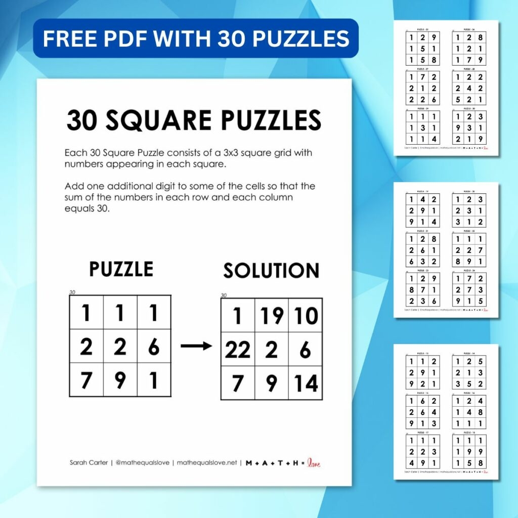 30 Square Logic Puzzles Math Love
