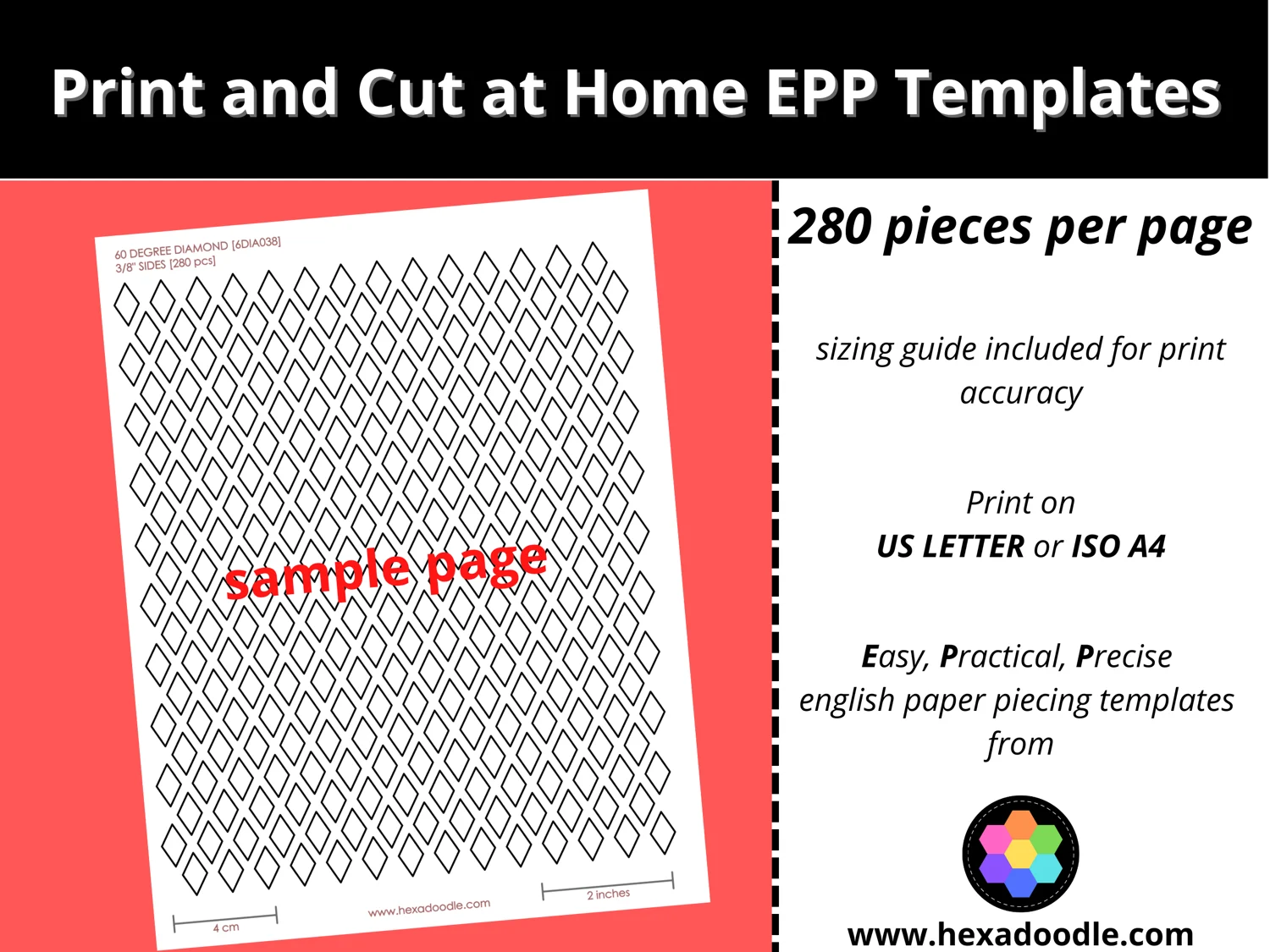 6DIA038 60 DEGREE DIAMOND EPP Print And Cut At Home Templates Inch Sides For Printing And Cutting Out At Home 280 Diamonds Per Page 