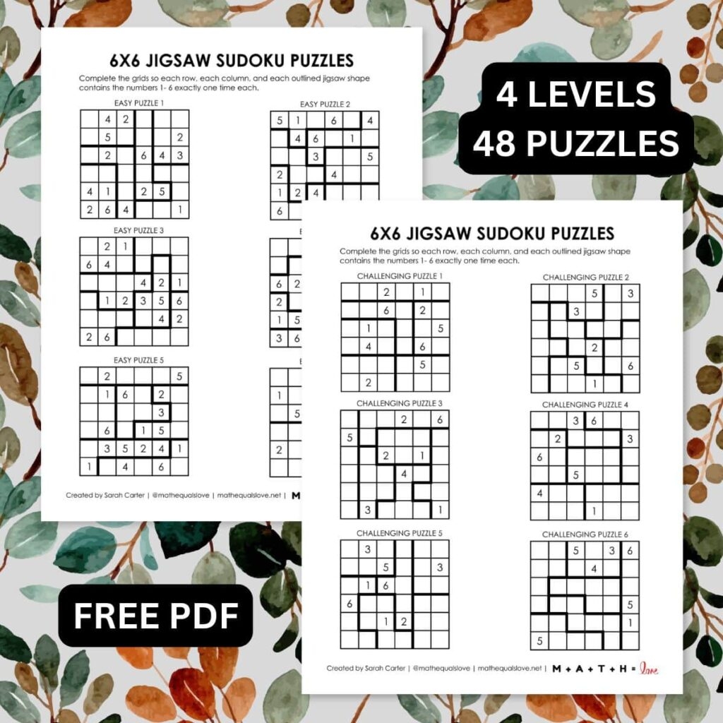 6x6 Jigsaw Sudoku Puzzles Free Printable PDF 