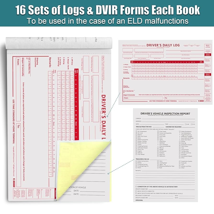 Amazon ELD Backup Driver Log Book With Detailed Drivers Vehicle Inspection Report Daily Recap 2 Ply Carbonless 5 5 X 8 5 16 Sets Of Forms Per Book Paper Log Book For Truck