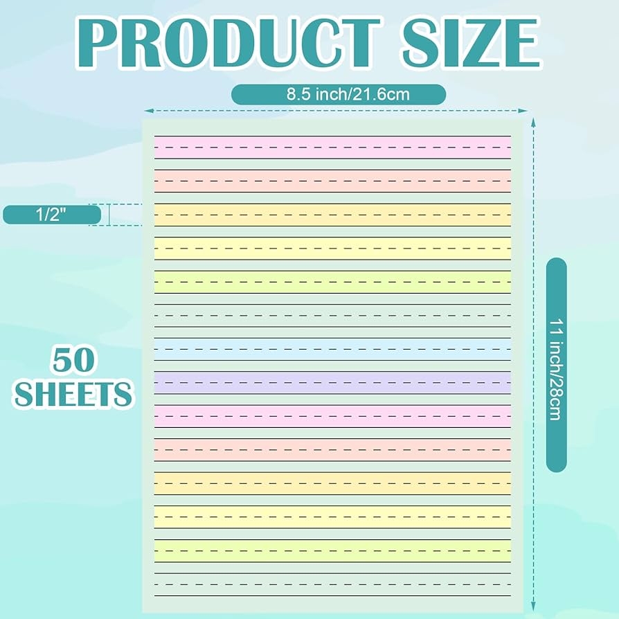 Amazon Handwriting Paper 8 5 x11 Colored Primary Writing Paper For Kids With ADHD 0 5 Spacing Multi Sensory Ruled Handwriting Tablet Dysgraphia Pad For 2nd Grade And Up 50 Office Products