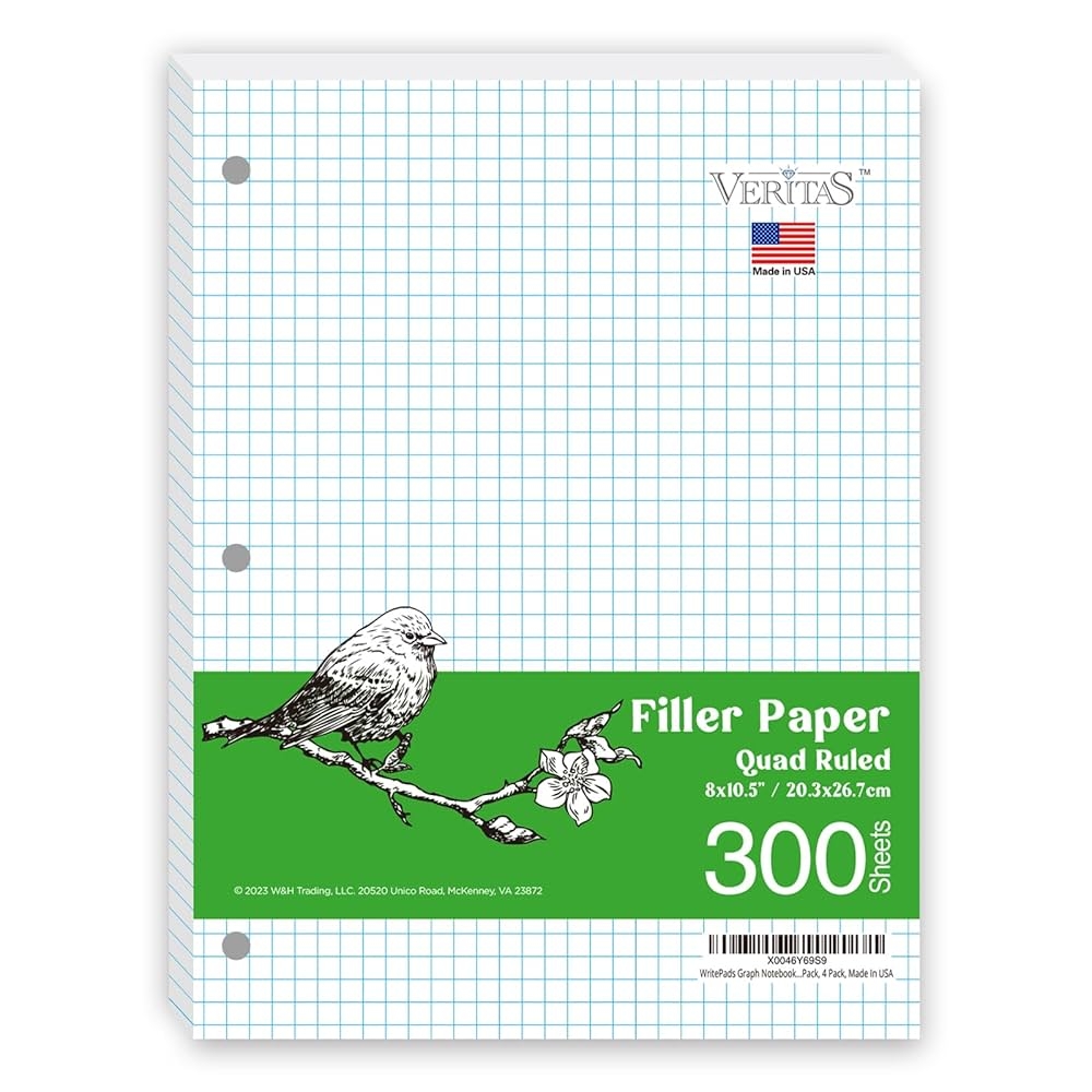 Amazon WritePads Graph Paper Loose Leaf Paper Standard 8 x10 1 2 4x4 Quad Ruled Notebook Paper 3 Hole Punched Filler Paper 3 Ring Binder Paper 300 Sheets Grid Paper Made In USA Office