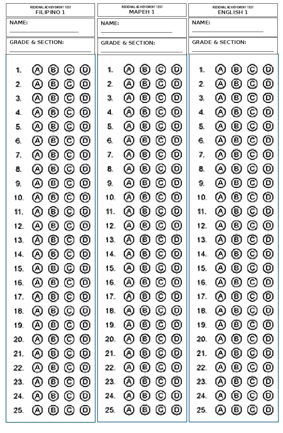 Answersheet Grade 1 Answer Sheet In All Subjects REGIONAL ACHIEVEMENT TEST FILIPINO 1 REGIONAL Studocu