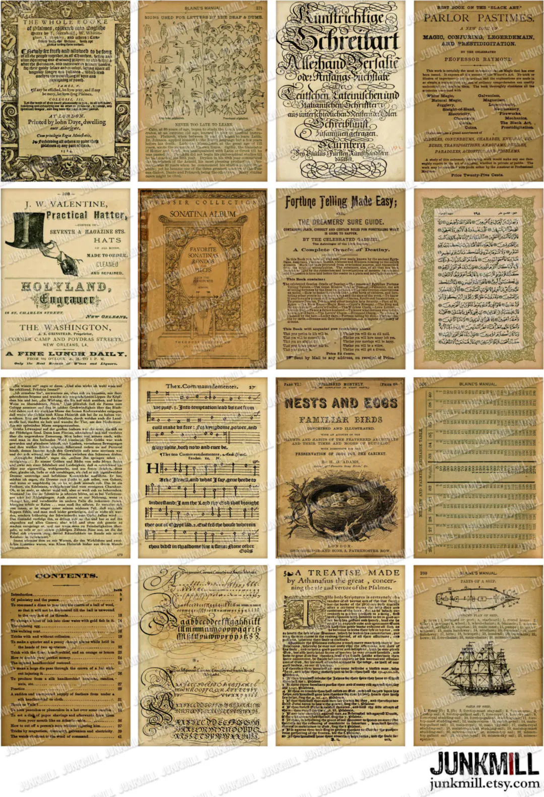 BOOK PAGES Digital Printable Collage Sheet 16 Old Vintage Distressed Book Pages With Foreign Text Calligraphy Sheet Music Diagrams Etsy