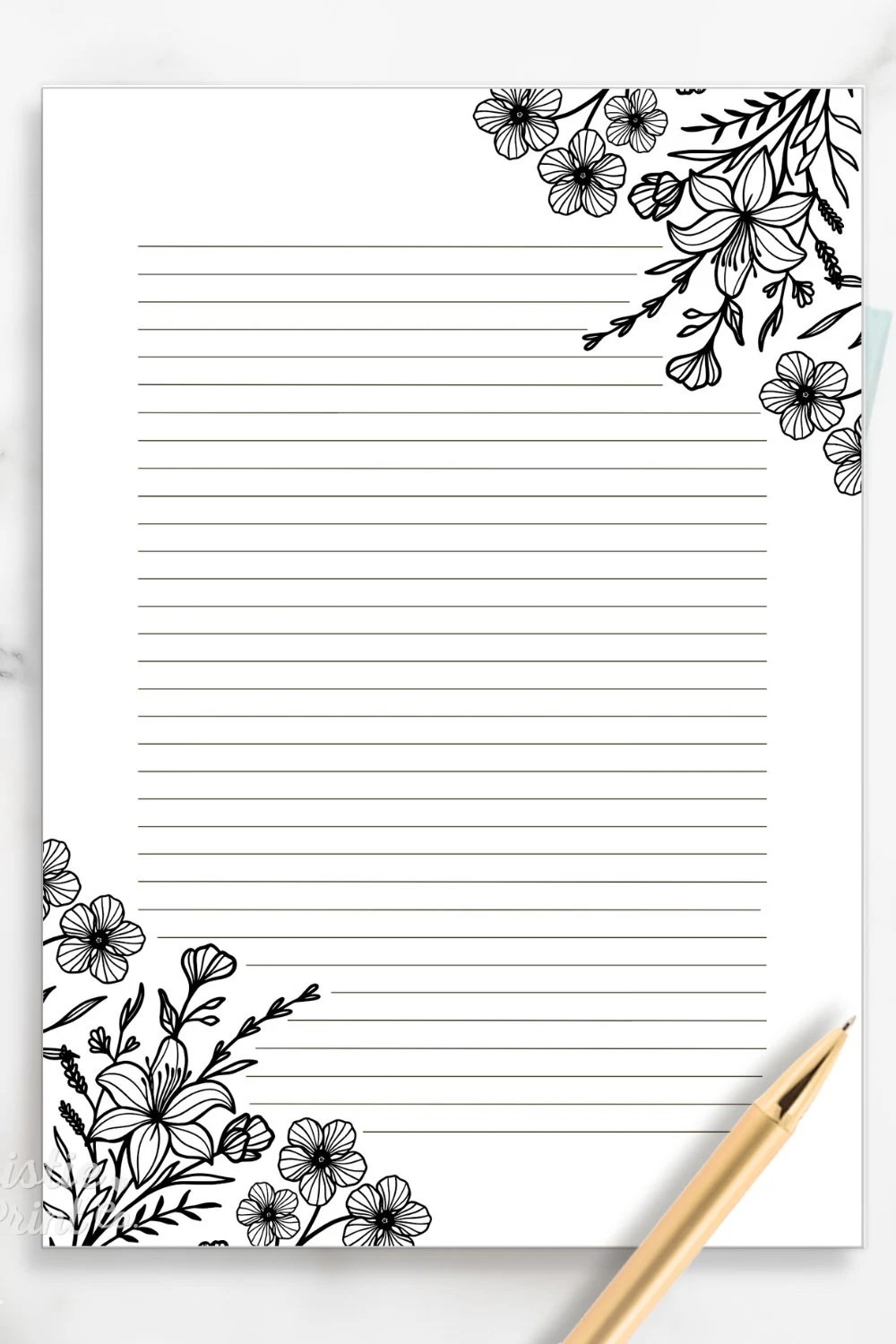 Buy Black And White Floral Lined Paper Printable Stationery Paper Journal Paper Digital Download Stationary Paper Minimalist Penpal Letter Online In India Etsy