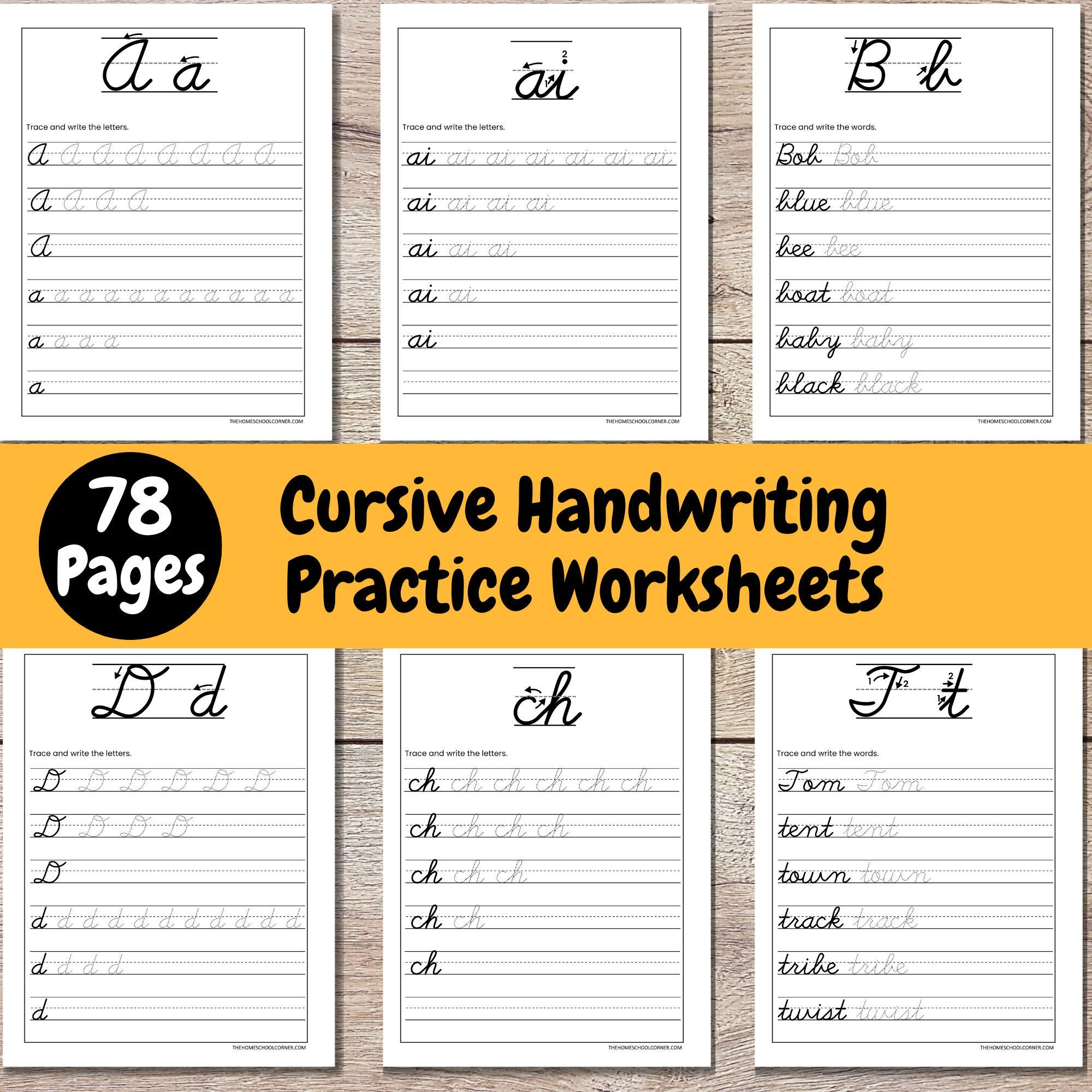 Cursive Writing Practice Worksheets Printable Handwriting Tracing Sheets Learning To Write Digital Download Etsy