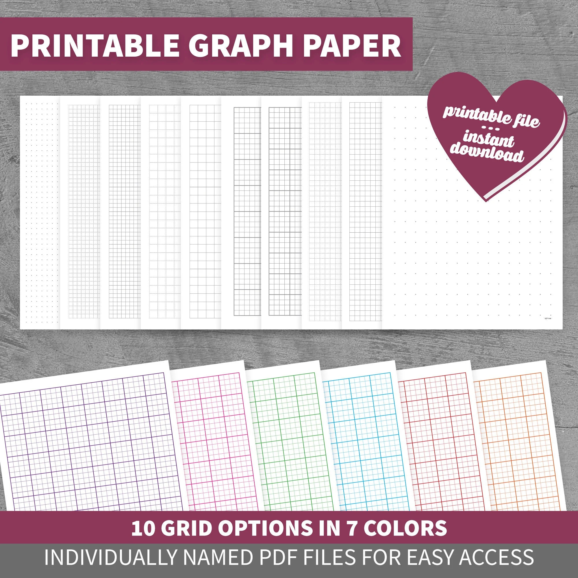 Graph Paper 10 Options 7 Colors Grid Dot Printable Download PDF Etsy