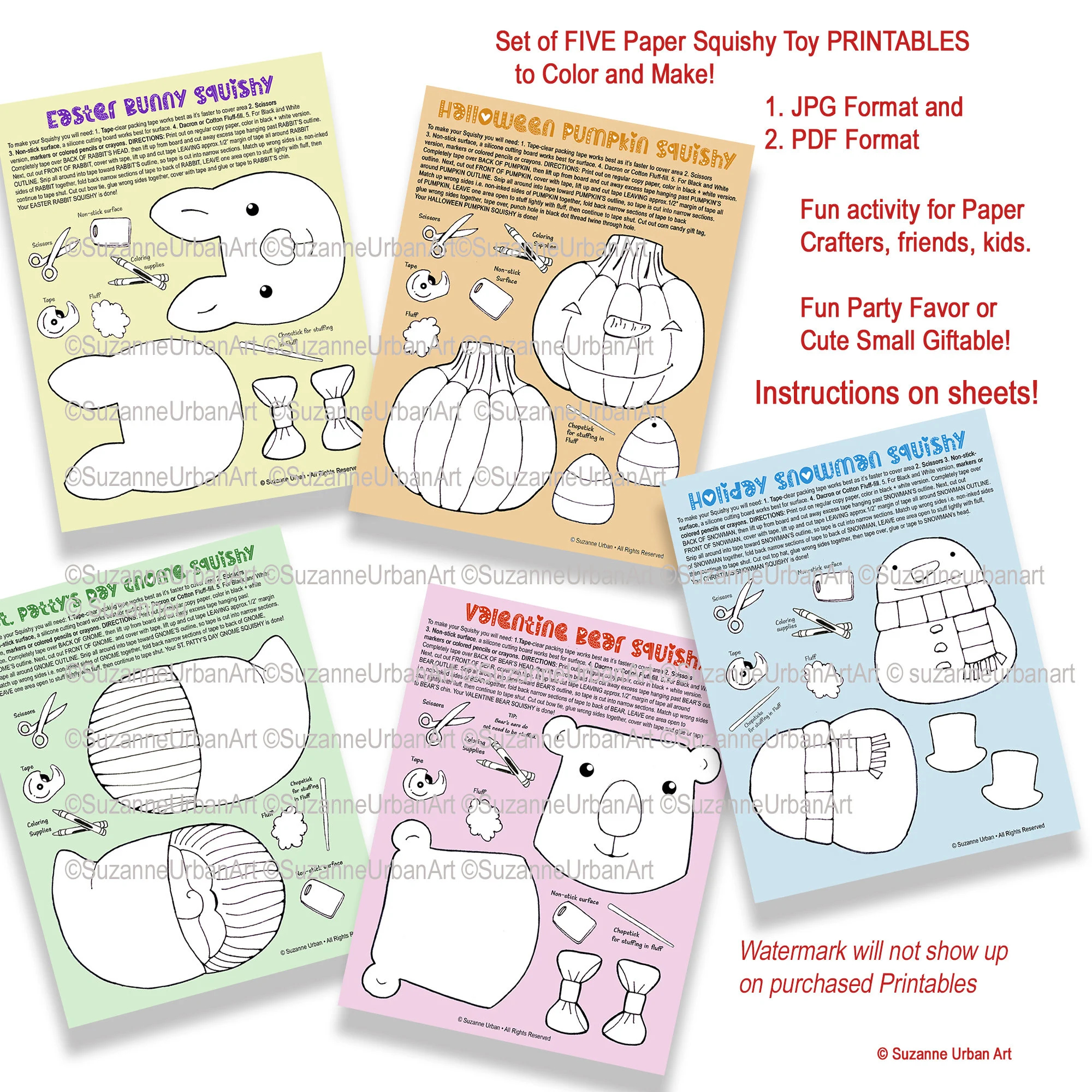 Set Of 5 Paper Squishies Characters Printables To Color Cut Out And Make Etsy