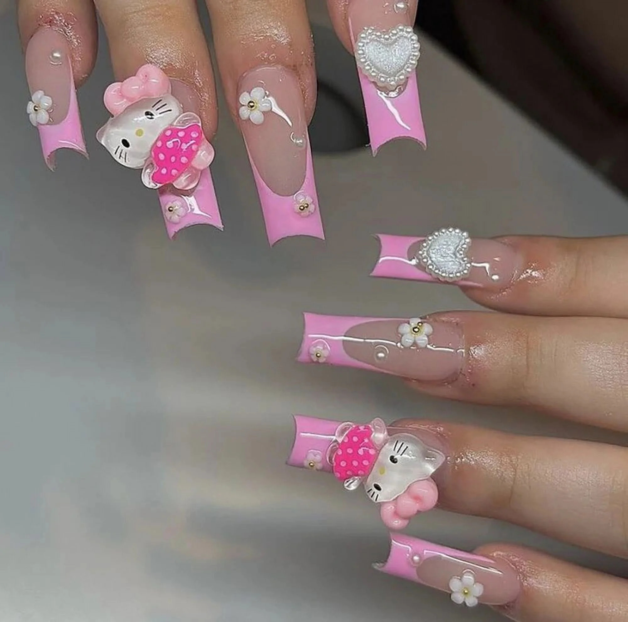 XXL Long Rectangle Y2K Hello Kitty Nails Art Handmade Pink Zebra print Kumi Bow Cute French Customizable Press On Nail Tips Gift Walmart